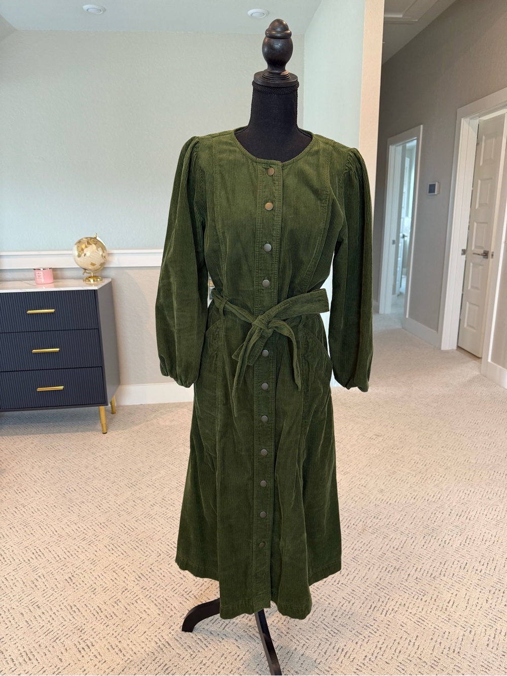 LOFT Olive Green Corduroy Midi Dress with Tie Waist